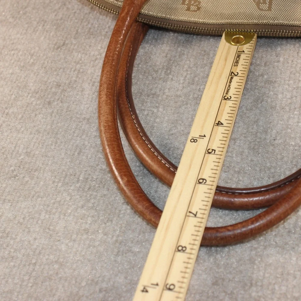 Dooney & Bourke Monogram Canvas Satchel Bag Tan Brown Leather Trim Dome Handbag